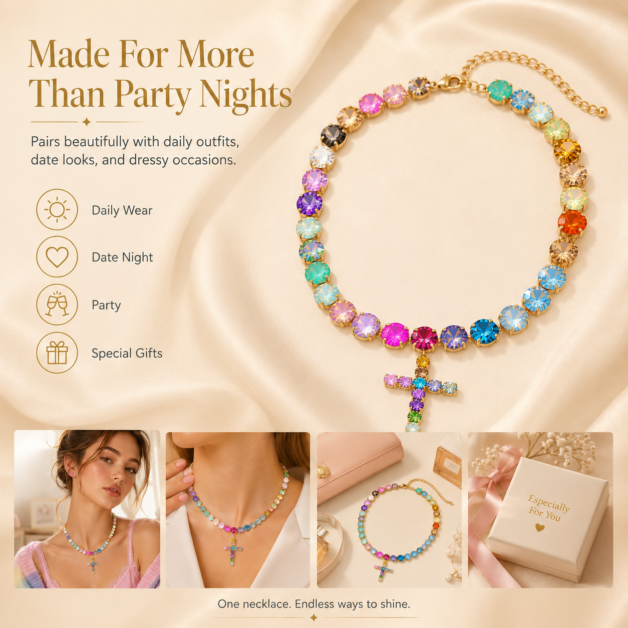 Colorful Zircon Layered Cross Necklace – Trendy Tassel Pendant Jewelry for Women