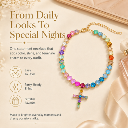 Colorful Zircon Layered Cross Necklace – Trendy Tassel Pendant Jewelry for Women