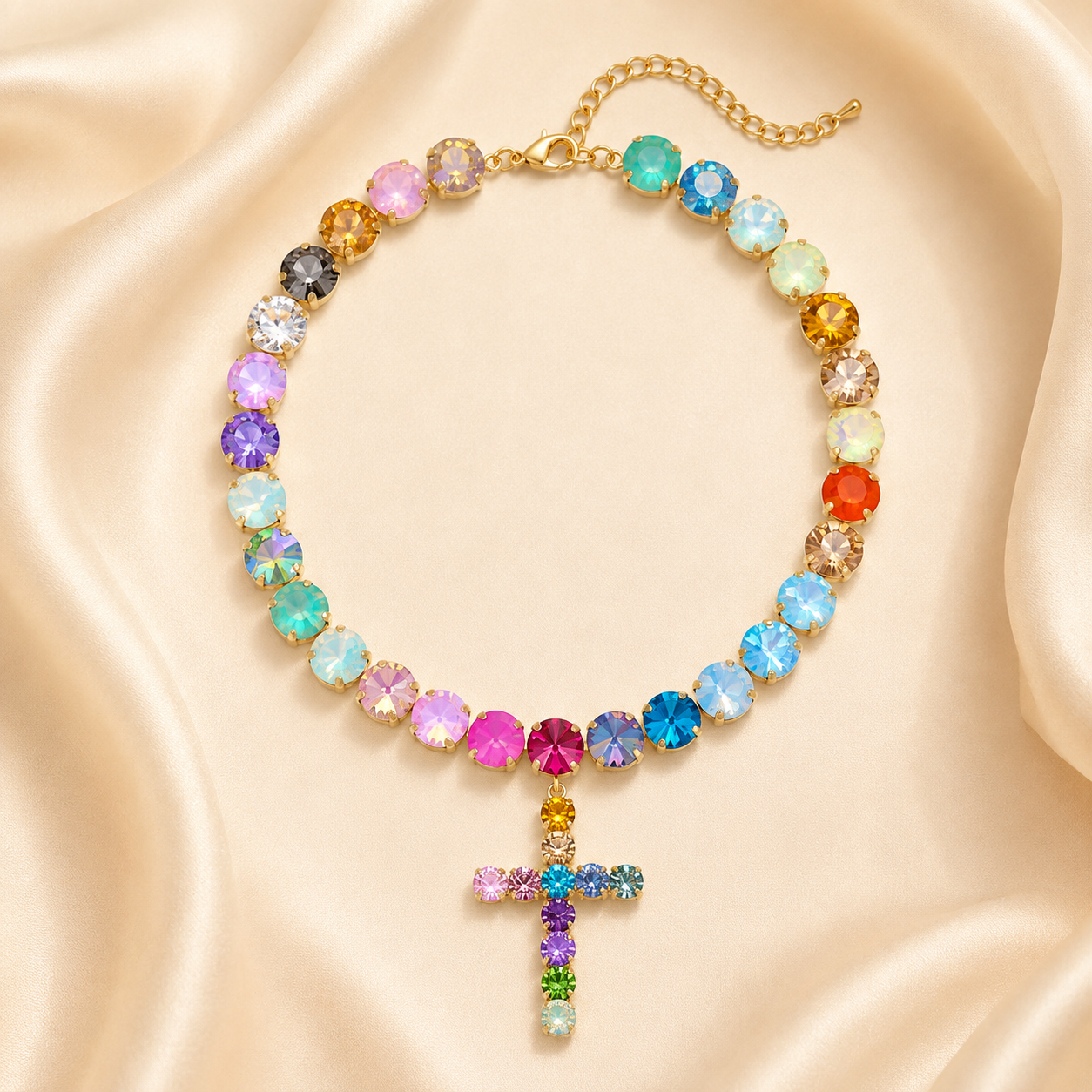Colorful Zircon Layered Cross Necklace – Trendy Tassel Pendant Jewelry for Women