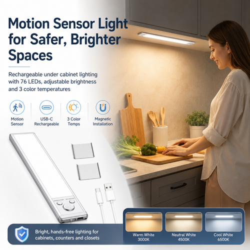 Rechargeable Motion Sensor Under Cabinet Light – 76 LED, 3 Color Temperatures, Dimmable Magnetic Closet Light