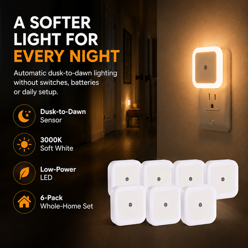 6-Pack Auto Sensor Night Lights – 3000K Warm Plug-In LED