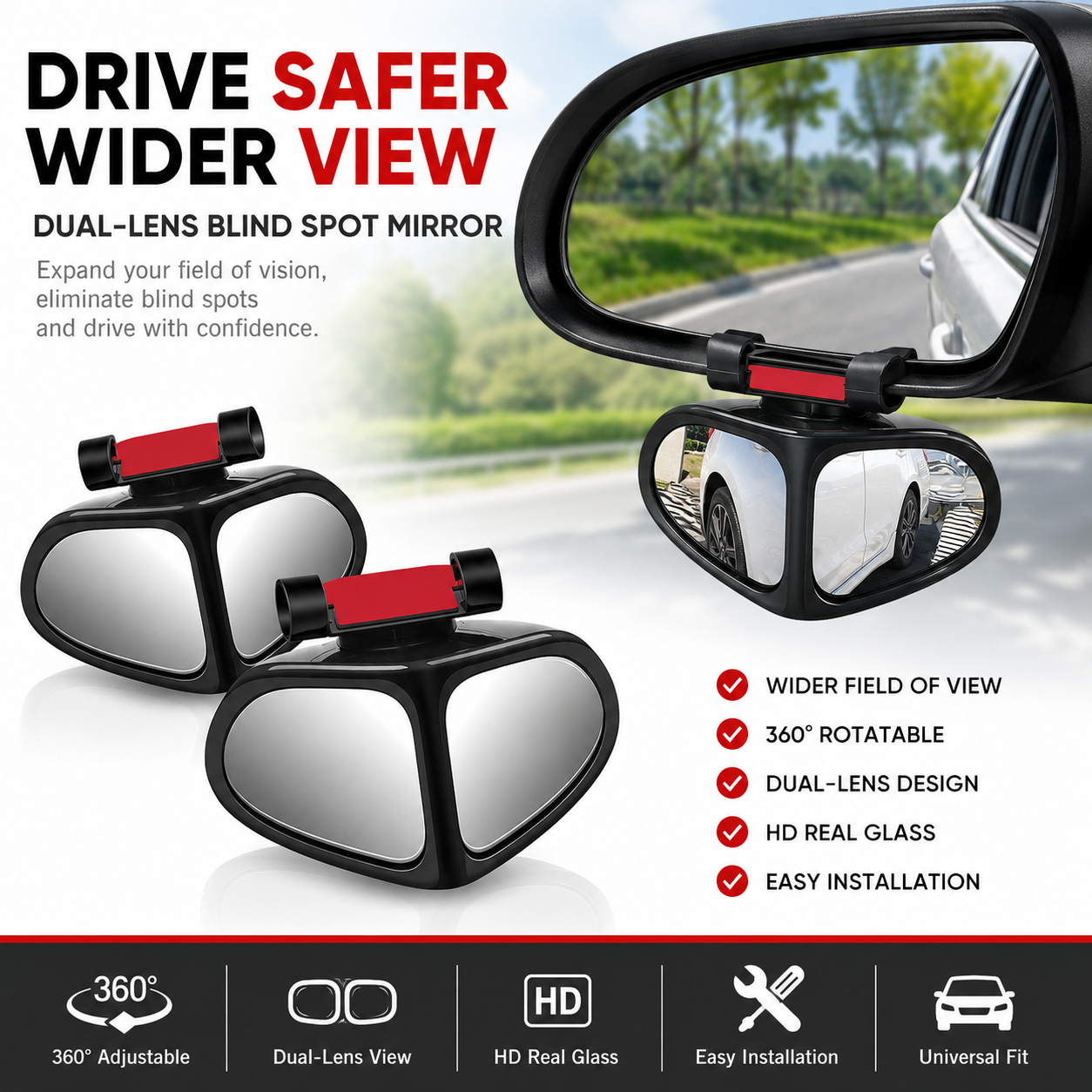 2Pcs Dual-Lens Blind Spot Mirror – 360° Adjustable Wide View Parking & Reversing Mirror