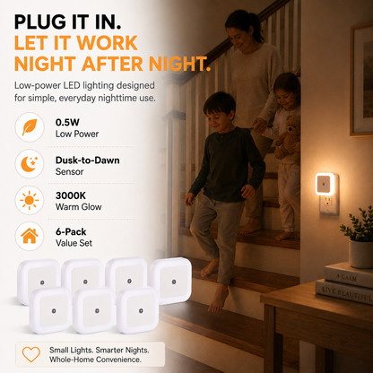 6-Pack Auto Sensor Night Lights – 3000K Warm Plug-In LED