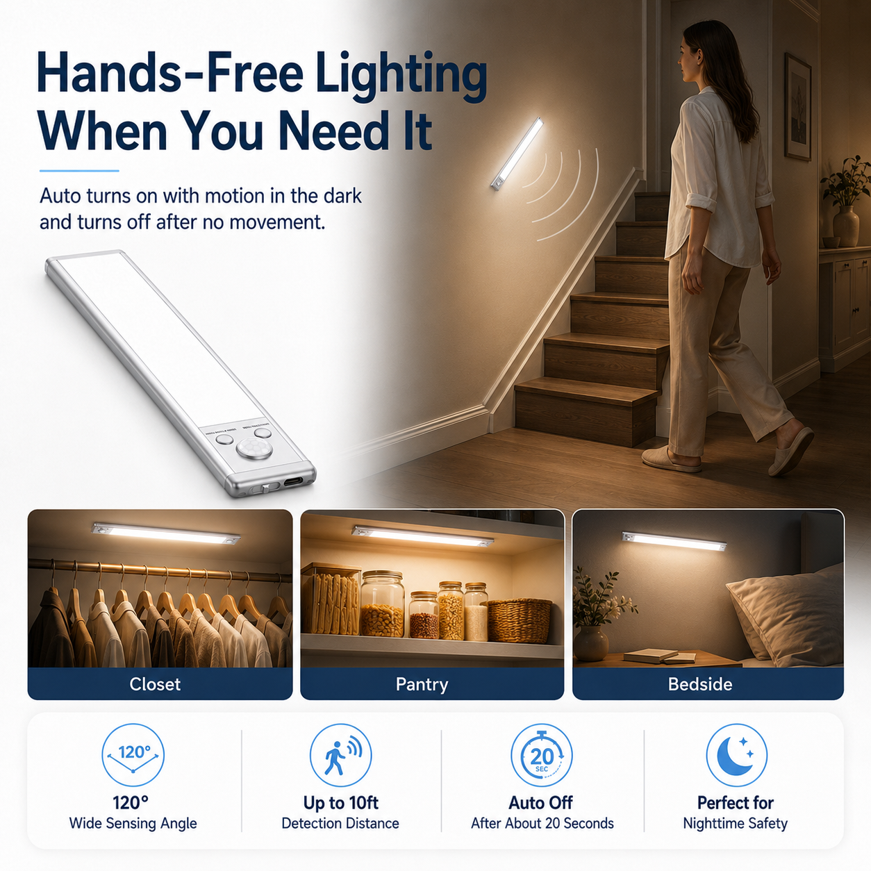 Rechargeable Motion Sensor Under Cabinet Light – 76 LED, 3 Color Temperatures, Dimmable Magnetic Closet Light