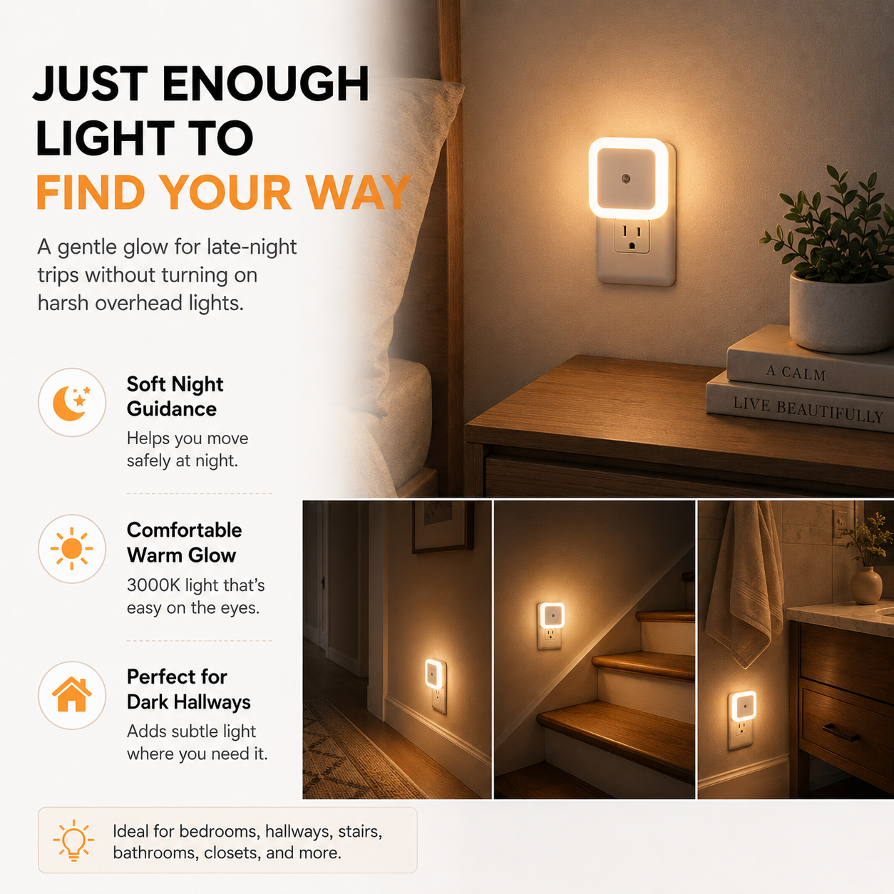 6-Pack Auto Sensor Night Lights – 3000K Warm Plug-In LED