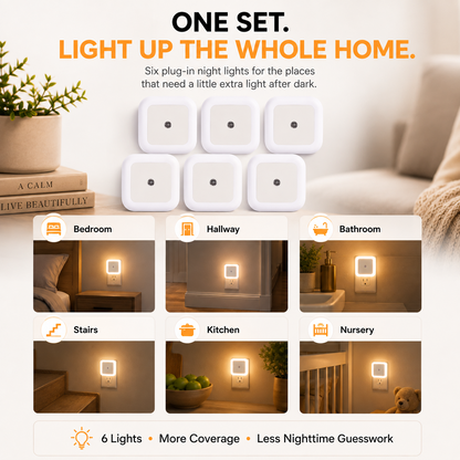 6-Pack Auto Sensor Night Lights – 3000K Warm Plug-In LED