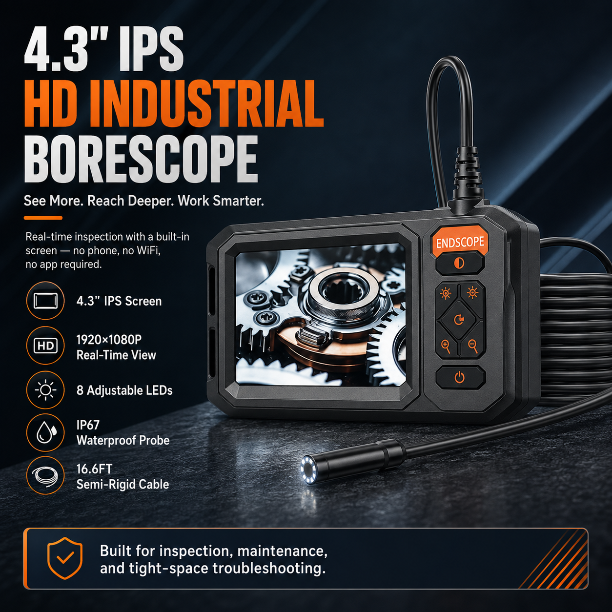Endoscope Inspection Camera – HD Borescope with Screen & LED Light for Drain, Pipe & Sewer Inspection