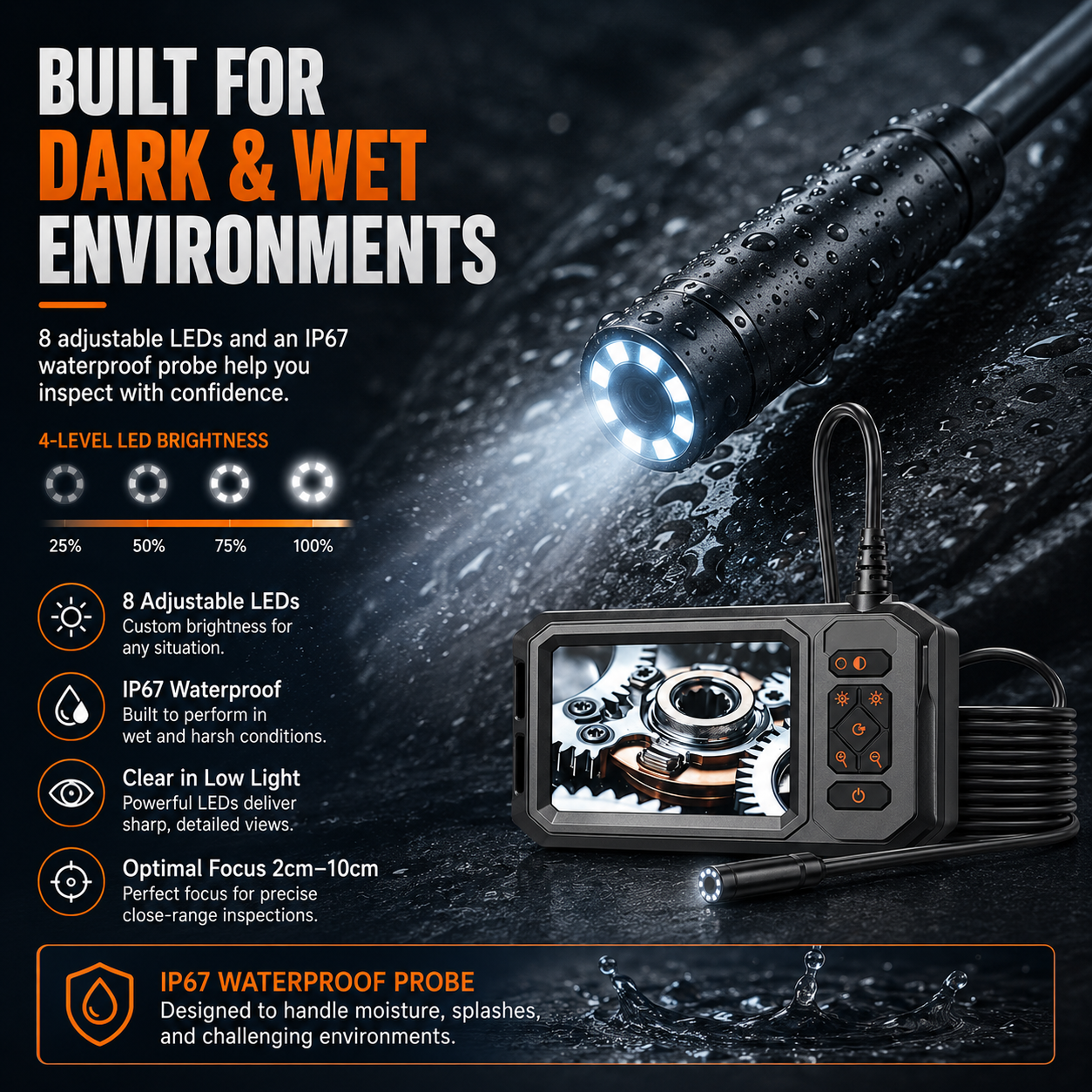 Endoscope Inspection Camera – HD Borescope with Screen & LED Light for Drain, Pipe & Sewer Inspection