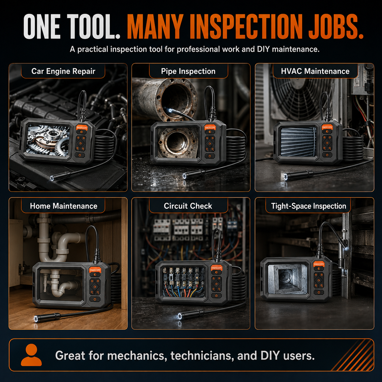 Endoscope Inspection Camera – HD Borescope with Screen & LED Light for Drain, Pipe & Sewer Inspection