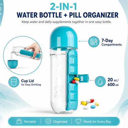 2-in-1 Water Bottle with 7-Day Pill Organizer – 20oz Portable Daily Supplement Bottle