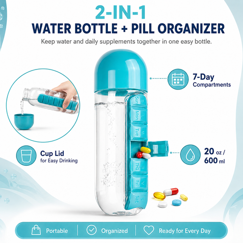 2-in-1 Water Bottle with 7-Day Pill Organizer – 20oz Portable Daily Supplement Bottle
