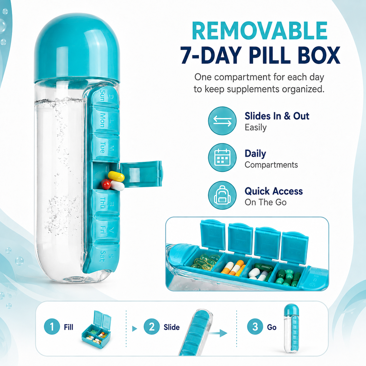 2-in-1 Water Bottle with 7-Day Pill Organizer – 20oz Portable Daily Supplement Bottle