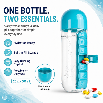 2-in-1 Water Bottle with 7-Day Pill Organizer – 20oz Portable Daily Supplement Bottle