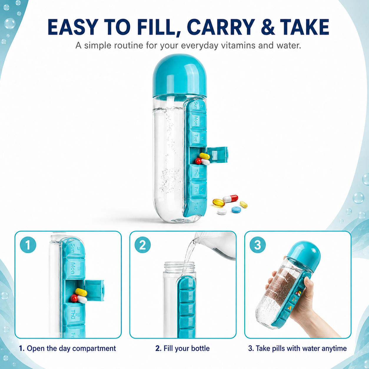 2-in-1 Water Bottle with 7-Day Pill Organizer – 20oz Portable Daily Supplement Bottle