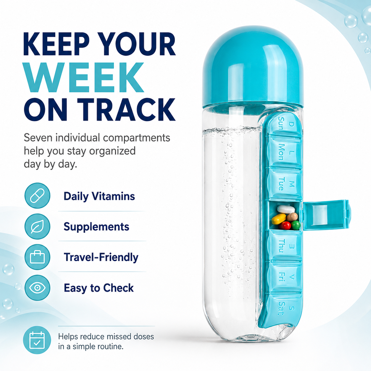 2-in-1 Water Bottle with 7-Day Pill Organizer – 20oz Portable Daily Supplement Bottle