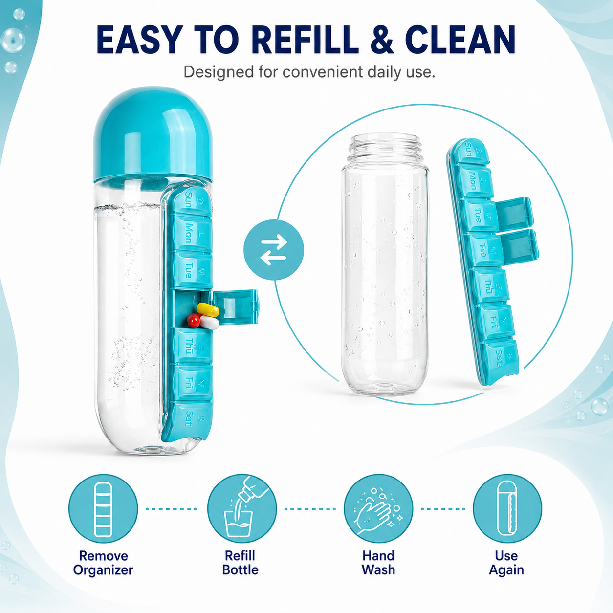 2-in-1 Water Bottle with 7-Day Pill Organizer – 20oz Portable Daily Supplement Bottle