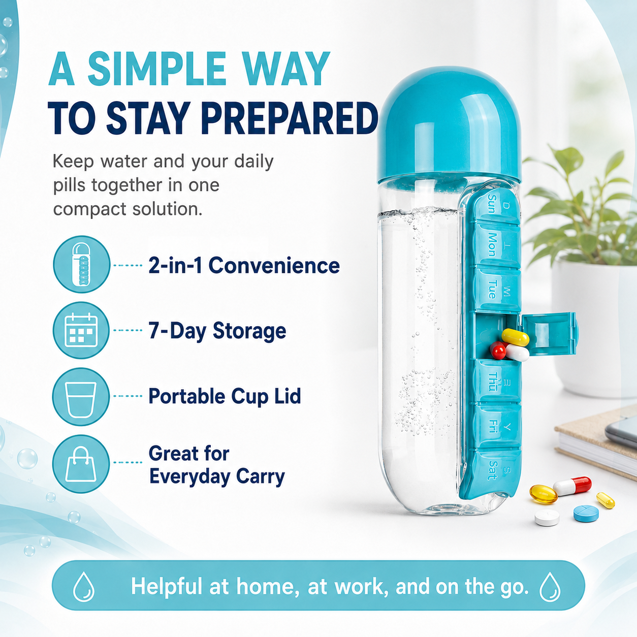 2-in-1 Water Bottle with 7-Day Pill Organizer – 20oz Portable Daily Supplement Bottle