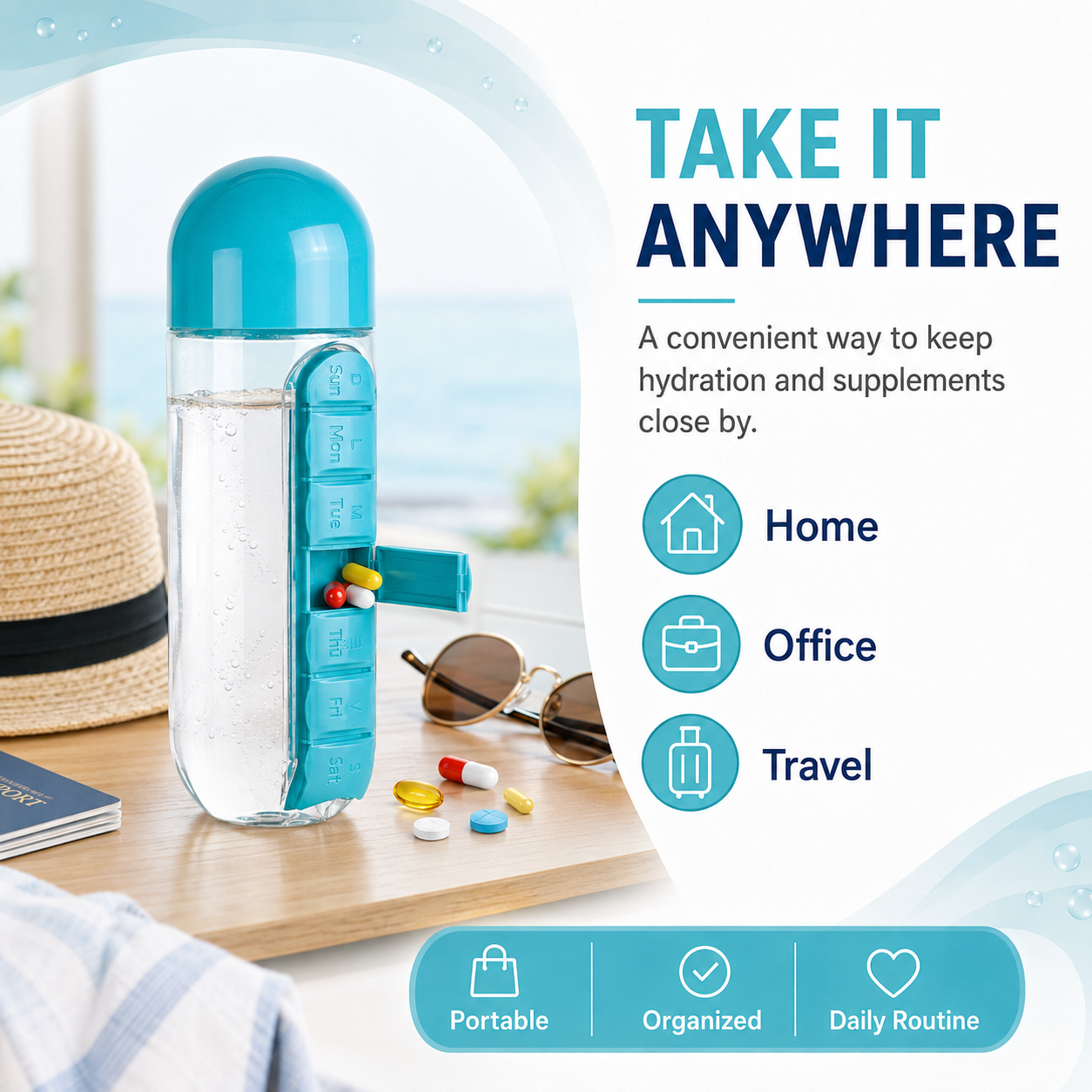 2-in-1 Water Bottle with 7-Day Pill Organizer – 20oz Portable Daily Supplement Bottle
