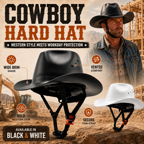 Western Cowboy Hard Hat – Wide Brim Vented Work Helmet with Adjustable Ratchet & Chin Strap