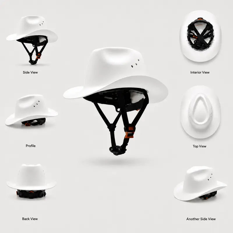 Western Cowboy Hard Hat – Wide Brim Vented Work Helmet with Adjustable Ratchet & Chin Strap