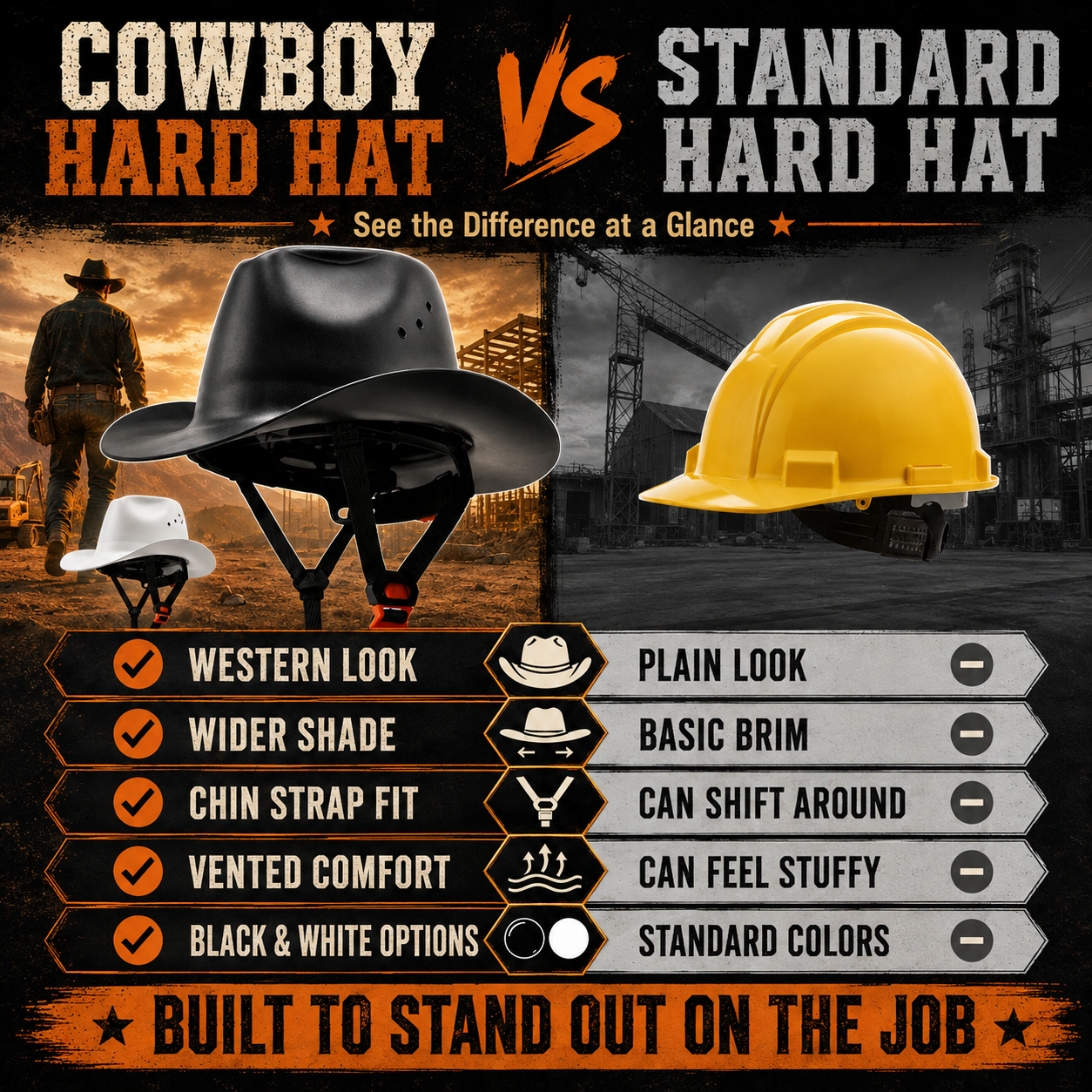 Western Cowboy Hard Hat – Wide Brim Vented Work Helmet with Adjustable Ratchet & Chin Strap