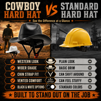 Western Cowboy Hard Hat – Wide Brim Vented Work Helmet with Adjustable Ratchet & Chin Strap