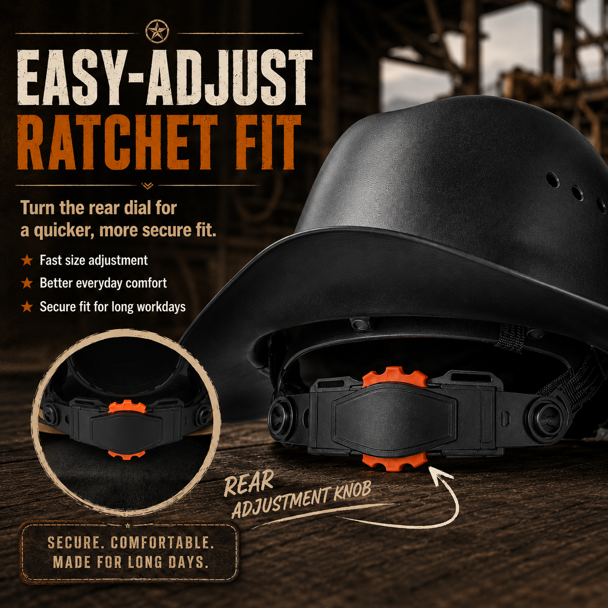 Western Cowboy Hard Hat – Wide Brim Vented Work Helmet with Adjustable Ratchet & Chin Strap
