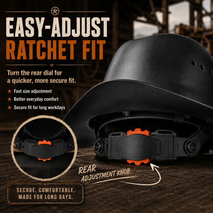 Western Cowboy Hard Hat – Wide Brim Vented Work Helmet with Adjustable Ratchet & Chin Strap