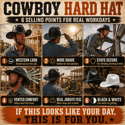 Western Cowboy Hard Hat – Wide Brim Vented Work Helmet with Adjustable Ratchet & Chin Strap