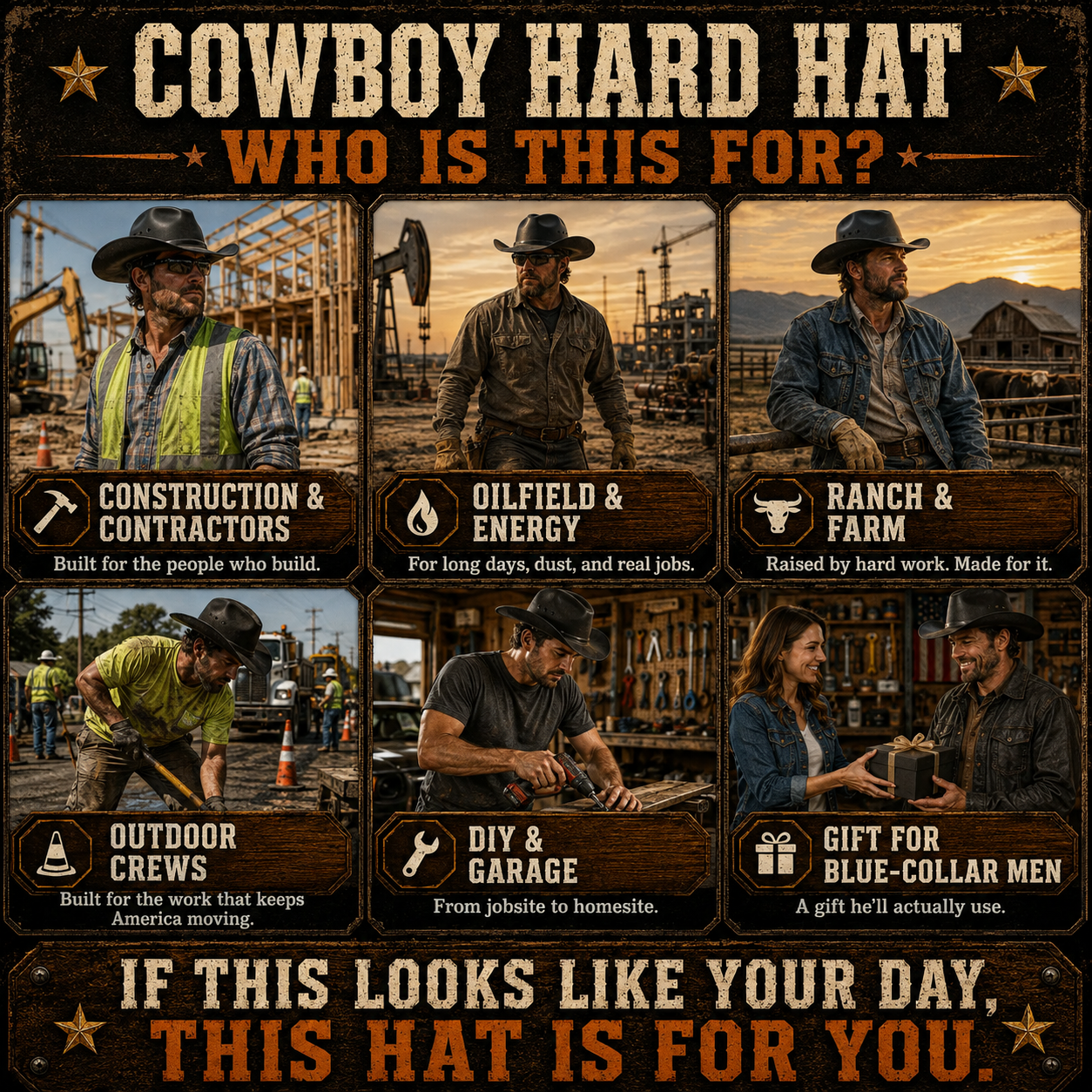 Western Cowboy Hard Hat – Wide Brim Vented Work Helmet with Adjustable Ratchet & Chin Strap
