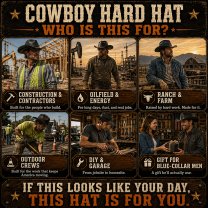 Western Cowboy Hard Hat – Wide Brim Vented Work Helmet with Adjustable Ratchet & Chin Strap