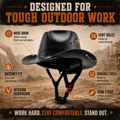 Western Cowboy Hard Hat – Wide Brim Vented Work Helmet with Adjustable Ratchet & Chin Strap