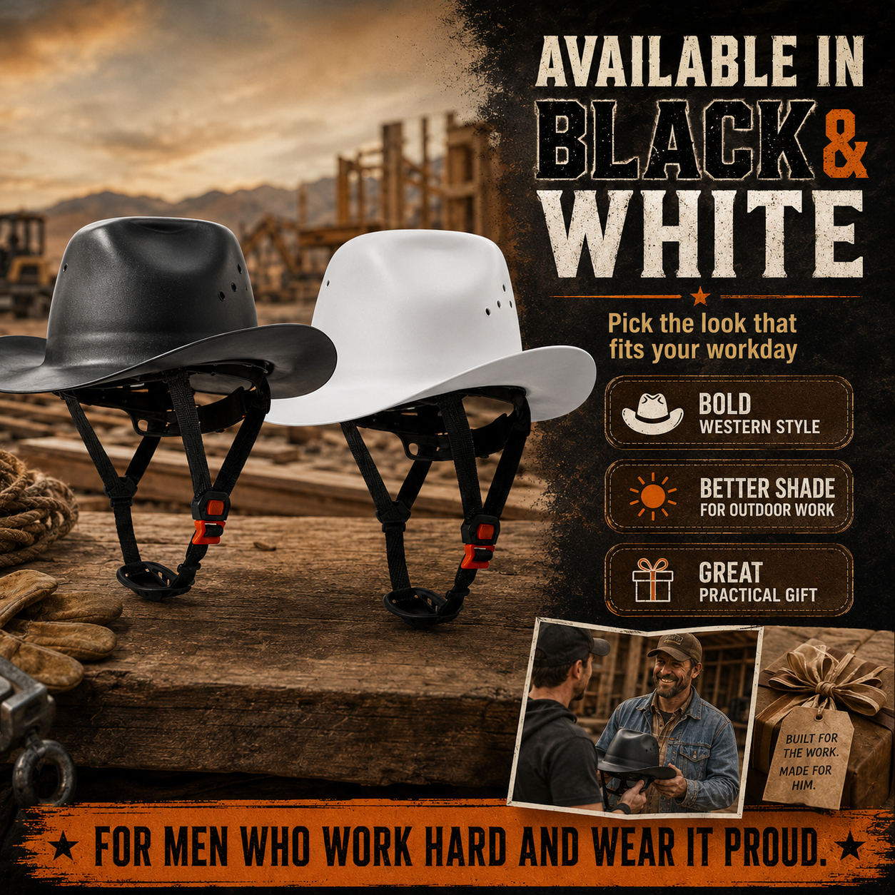 Western Cowboy Hard Hat – Wide Brim Vented Work Helmet with Adjustable Ratchet & Chin Strap