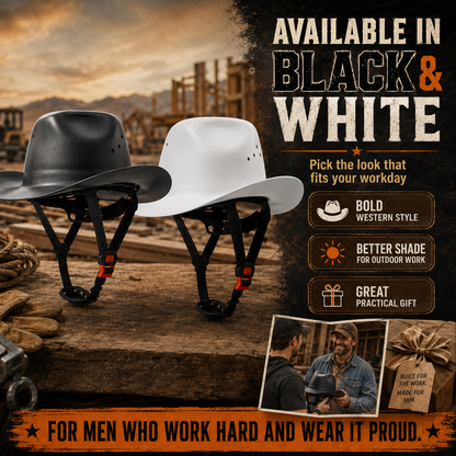 Western Cowboy Hard Hat – Wide Brim Vented Work Helmet with Adjustable Ratchet & Chin Strap