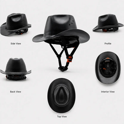 Western Cowboy Hard Hat – Wide Brim Vented Work Helmet with Adjustable Ratchet & Chin Strap