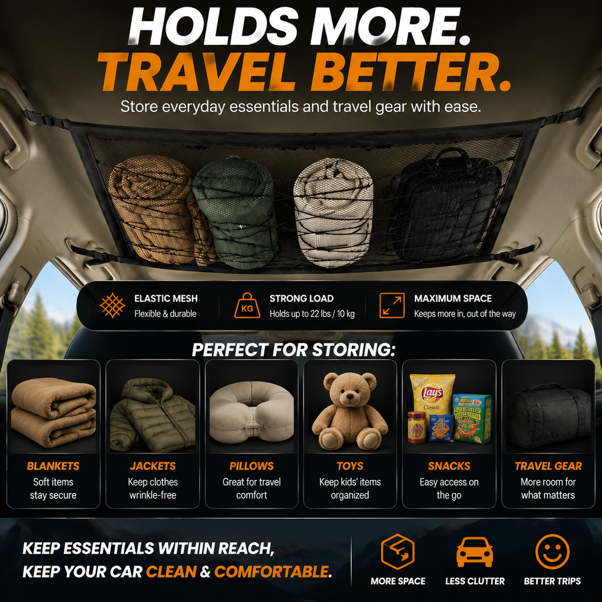 🚗 Hidden Roof Cargo Net – Car Ceiling Storage Organizer, Space-Saving for Travel & Camping
