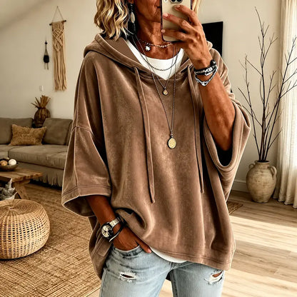 👗 Women's Minimalist Velour Hoodie – Loose Fit, 3/4 Sleeves, Soft Velvet Pullover for Fall & Winter