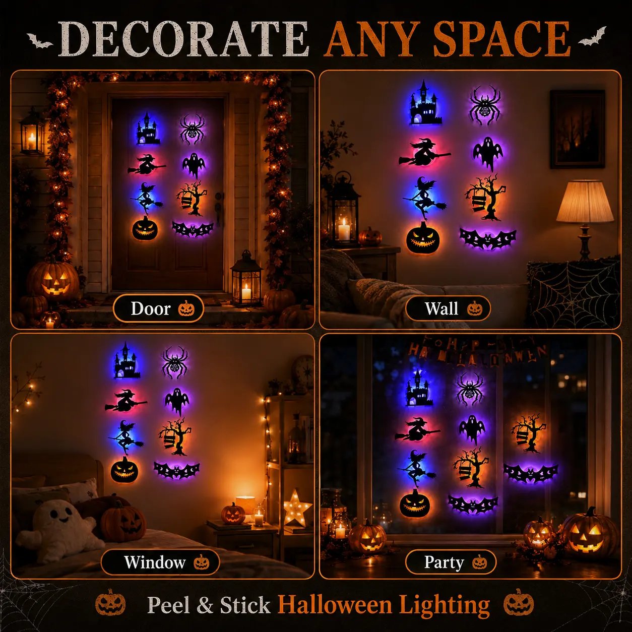 Halloween LED Silhouette Wall Light Stickers, Battery Powered Peel & Stick Decor Lights