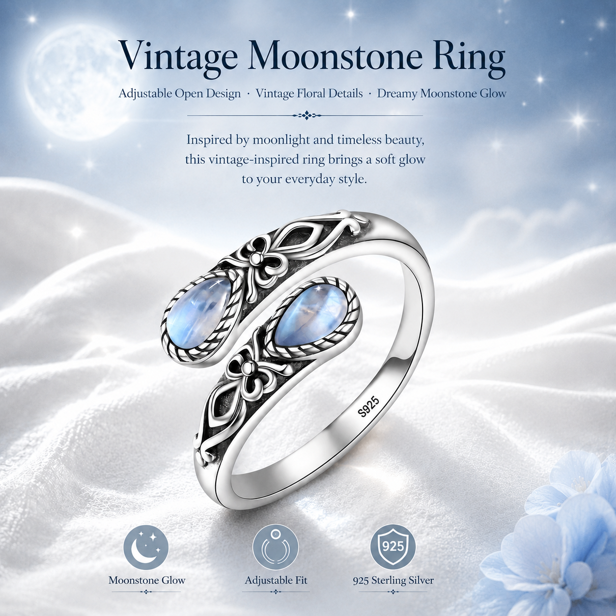 Vintage Moonstone Floral Ring