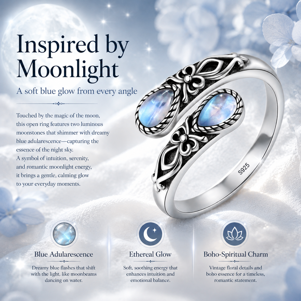 Vintage Moonstone Floral Ring