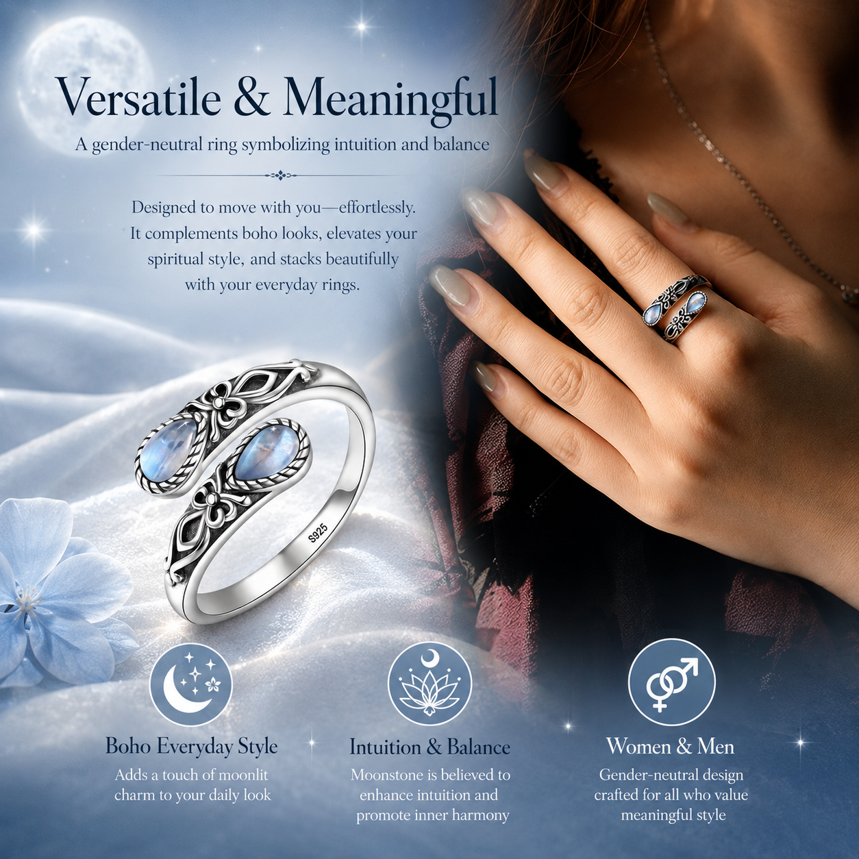 Vintage Moonstone Floral Ring