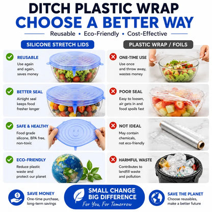 🥗 6-Pack Silicone Stretch Lids – Reusable, BPA-Free & Leak-Proof Covers for Bowls, Pots, Cups & Fruits