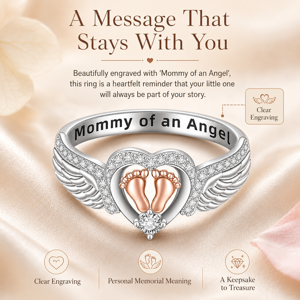 Mommy of an Angel Memorial Ring – Angel Wings & Baby Footprints Keepsake Jewelry