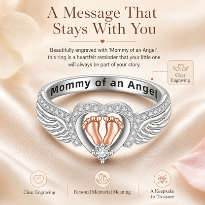 Mommy of an Angel Memorial Ring – Angel Wings & Baby Footprints Keepsake Jewelry
