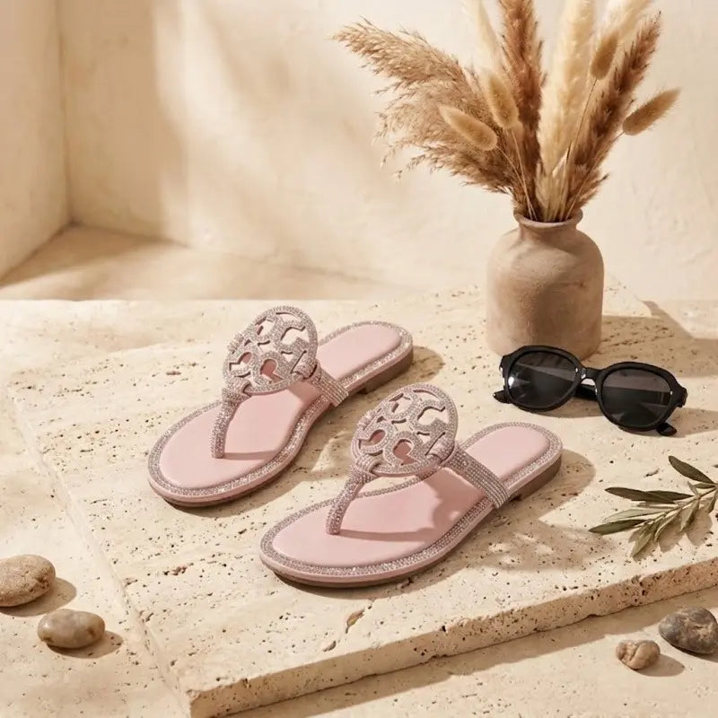 ✨ Sparkle Flat Sandals for Women – Gold Open-Toe Rhinestone Design, Comfortable Summer Slides