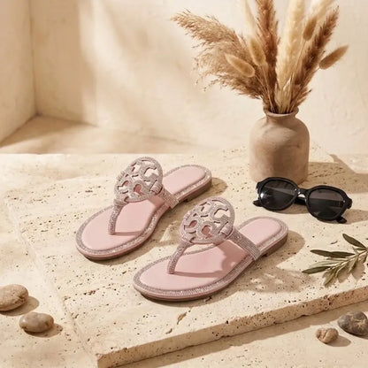 ✨ Sparkle Flat Sandals for Women – Gold Open-Toe Rhinestone Design, Comfortable Summer Slides
