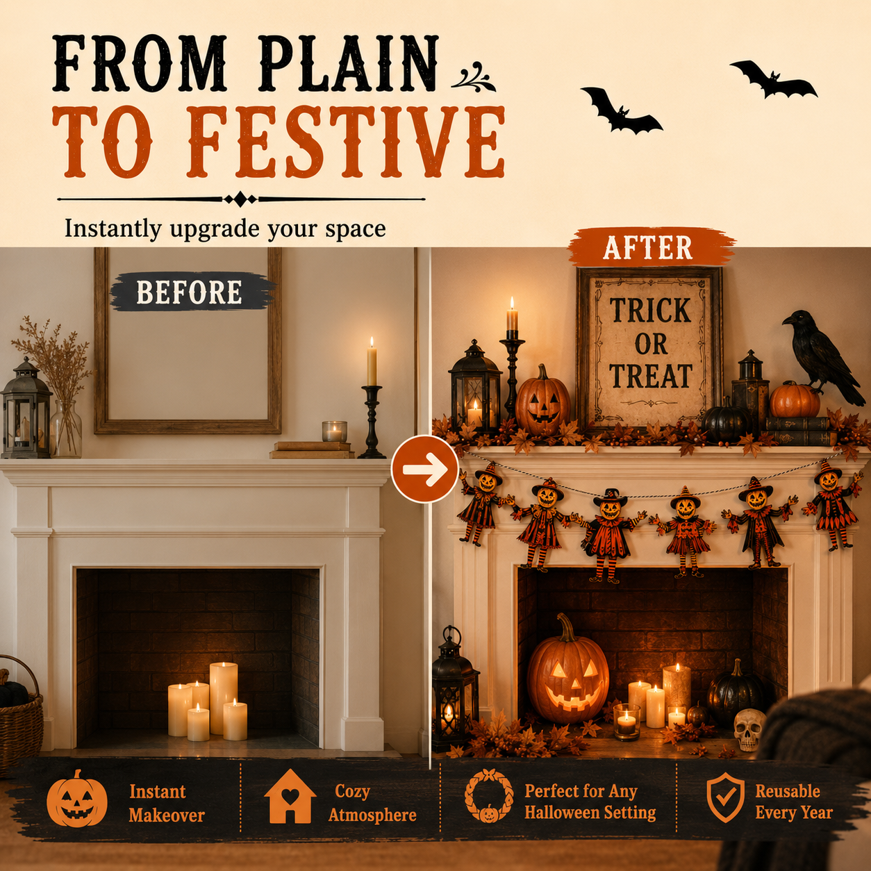 🎃 6 Piece Vintage Wooden Pumpkin Character Halloween Garland Banner Cutouts 🎃