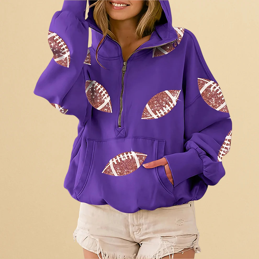 🏈 Game Day Glow – Women's Oversized Half-Zip Hoodie with Sequin Football Print, Kangaroo Pocket & Casual Longsleeve Style 💥