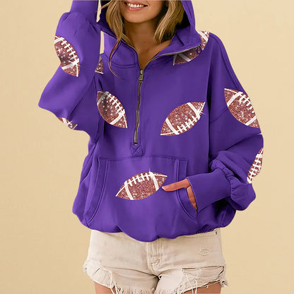 🏈 Game Day Glow – Women's Oversized Half-Zip Hoodie with Sequin Football Print, Kangaroo Pocket & Casual Longsleeve Style 💥