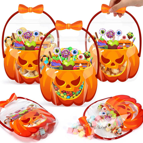 🎃25/50 PCS Halloween Goodie Bags with Handles, Pumpkin Specter Candy Gift Bags, Transparent Trick or Treat Party Favor Bags